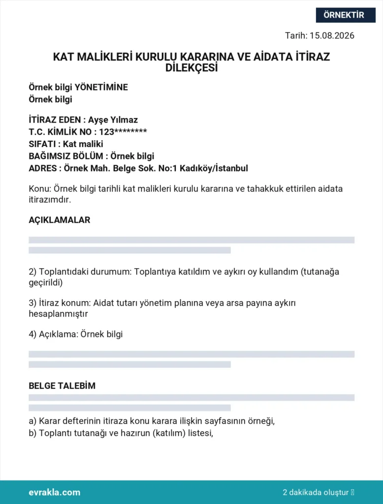 Aidat İtirazı Dilekçesi örneği
