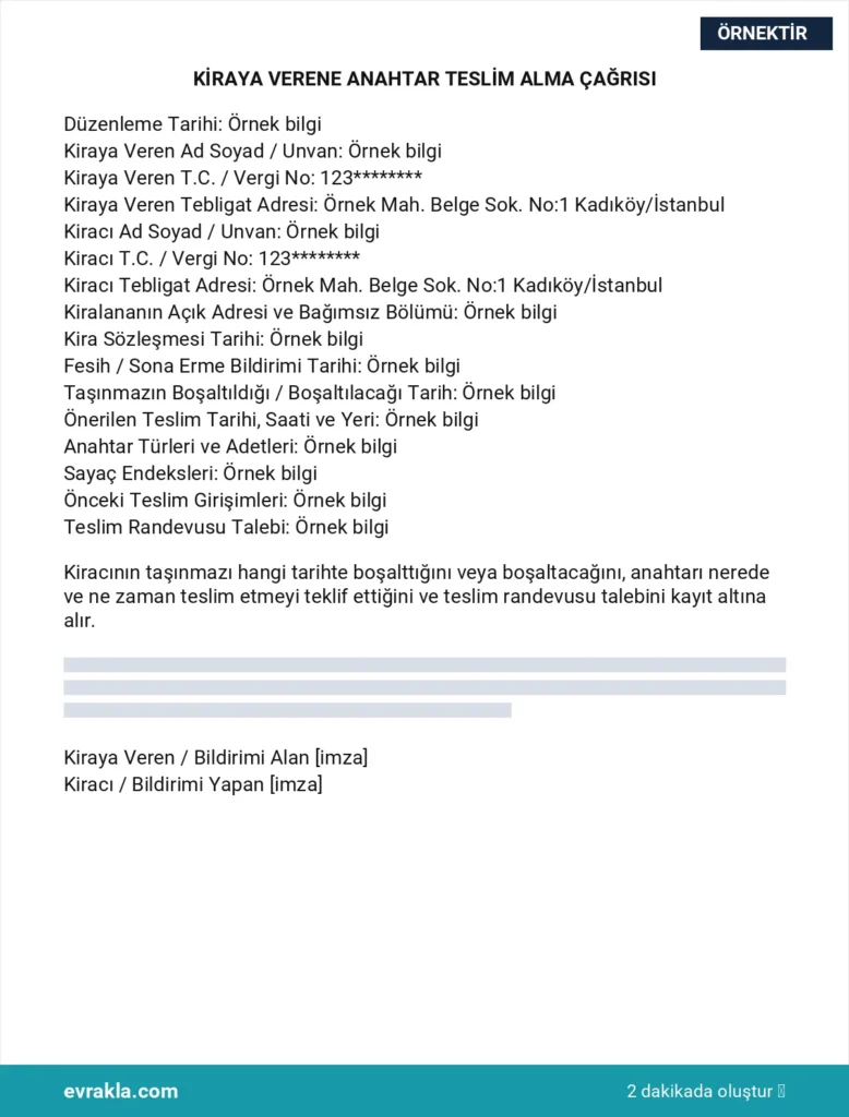 Kiraya Verene Anahtar Teslim Alma Çağrısı örneği