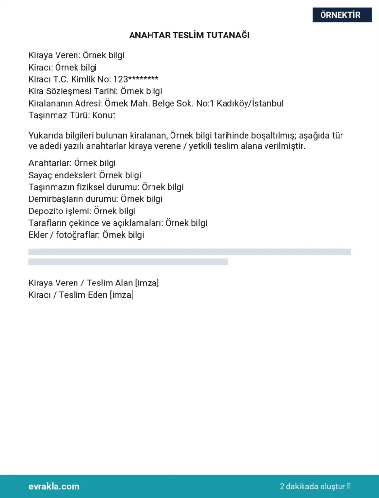 Anahtar Teslim Tutanağı Örneği örneği