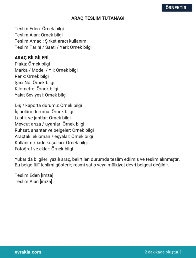 Araç Teslim Tutanağı Örneği örneği
