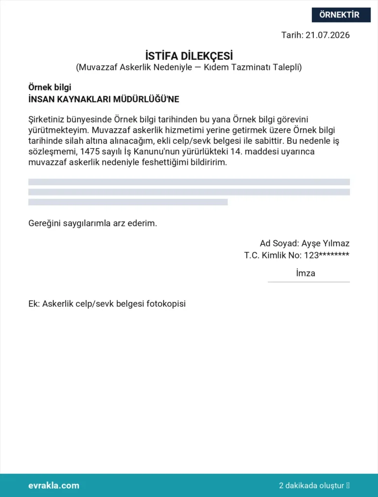 Askerlik Nedeniyle İstifa Dilekçesi örneği