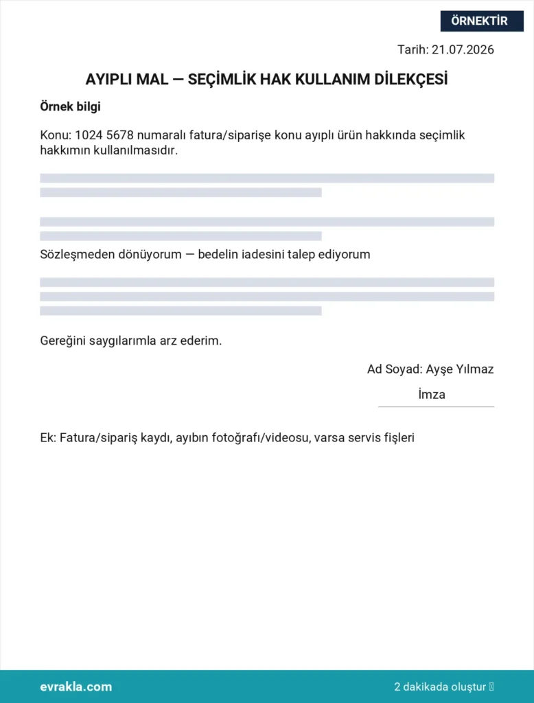 Ayıplı Mal İade Dilekçesi örneği