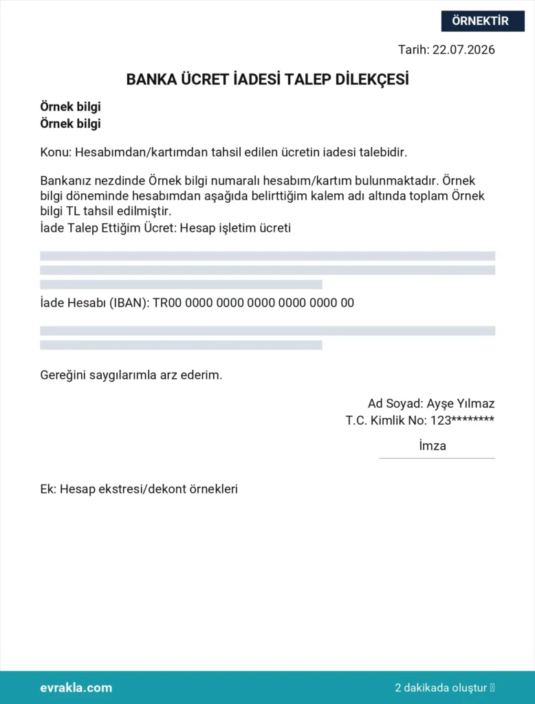 Banka Dilekçesi dilekçesi örneği