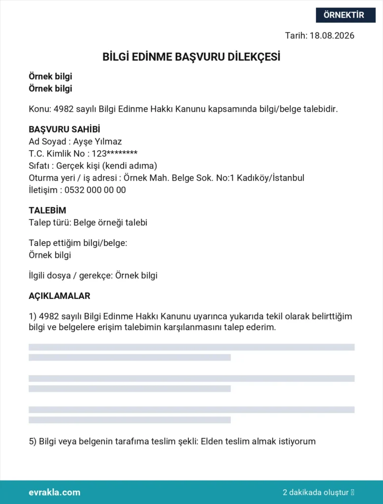 Bilgi Edinme Dilekçesi dilekçesi örneği