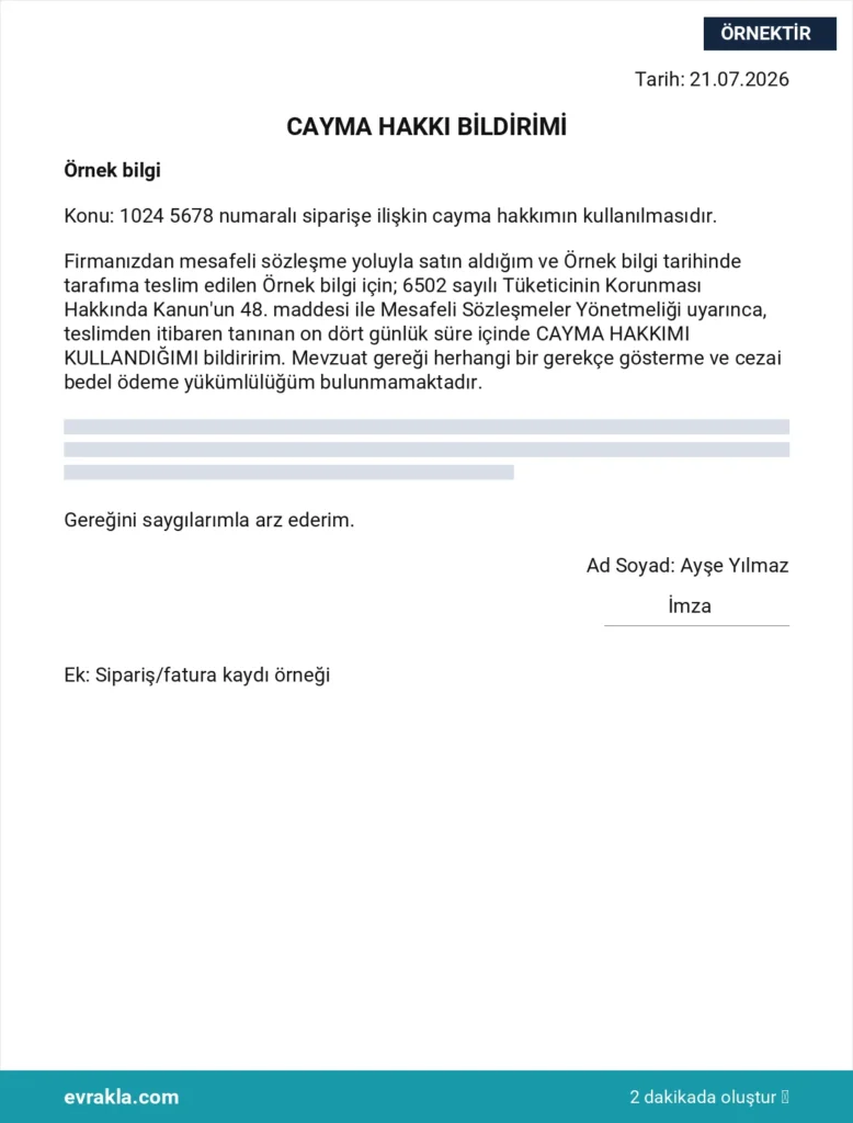 Cayma Hakkı Dilekçesi örneği