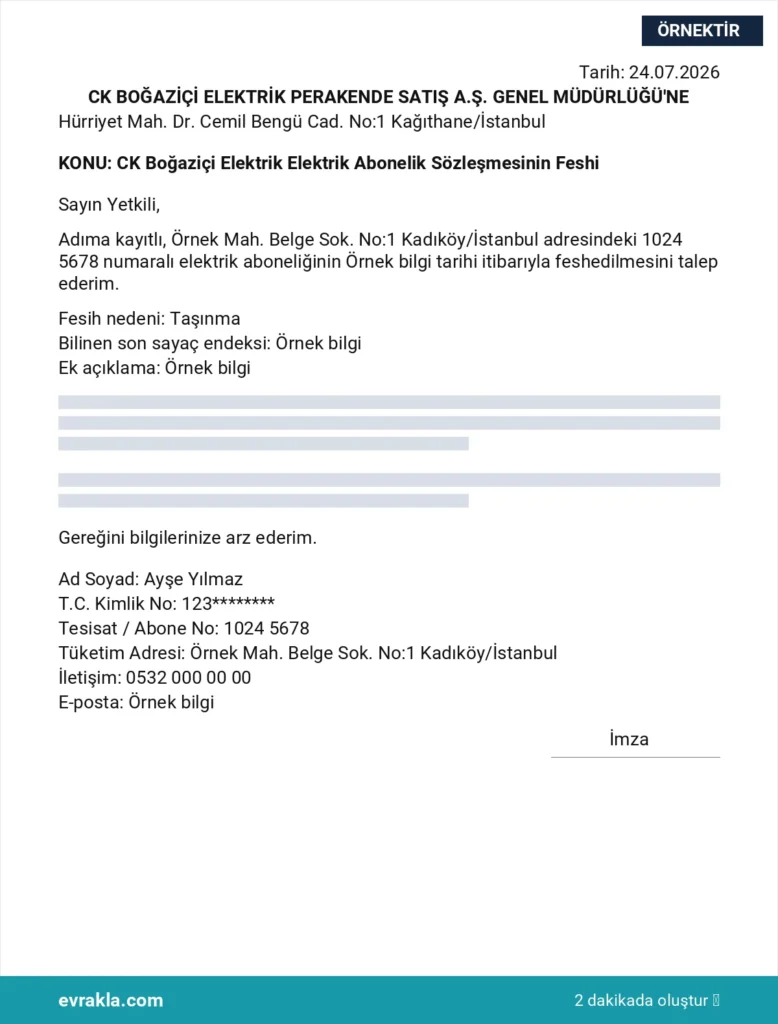CK Boğaziçi Elektrik Abonelik İptali örneği