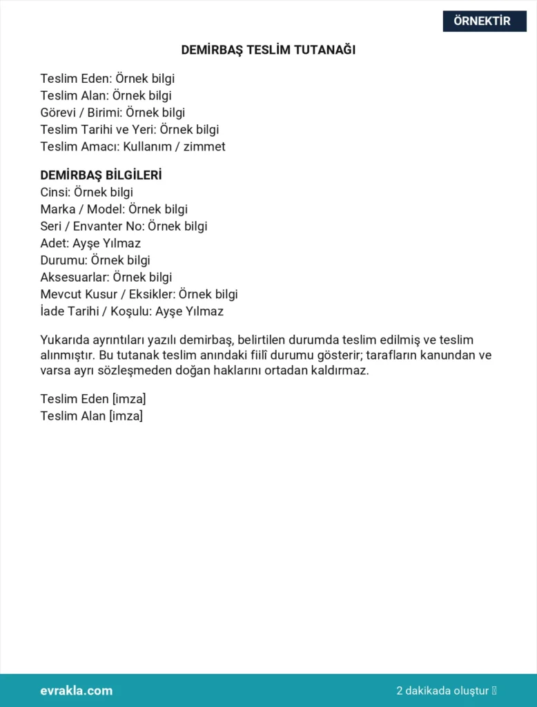 Demirbaş Teslim Tutanağı Örneği örneği