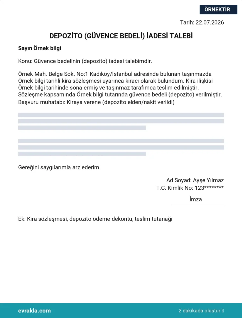 Depozito İadesi Dilekçesi örneği