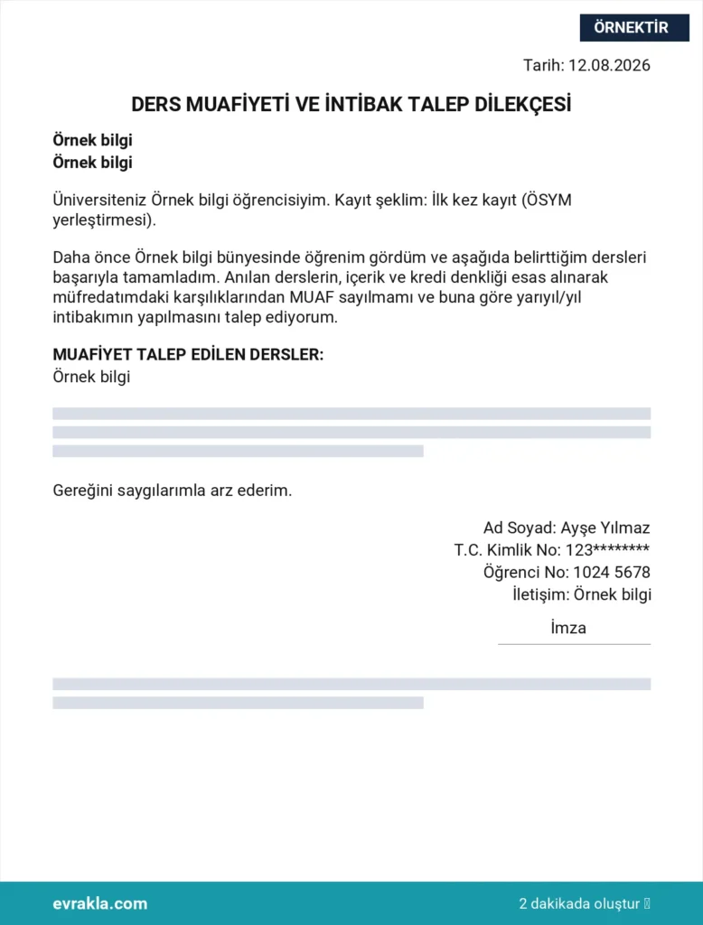 Ders Muafiyeti Dilekçesi örneği