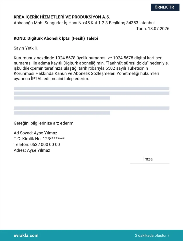 Digiturk Abonelik İptal Formu örneği