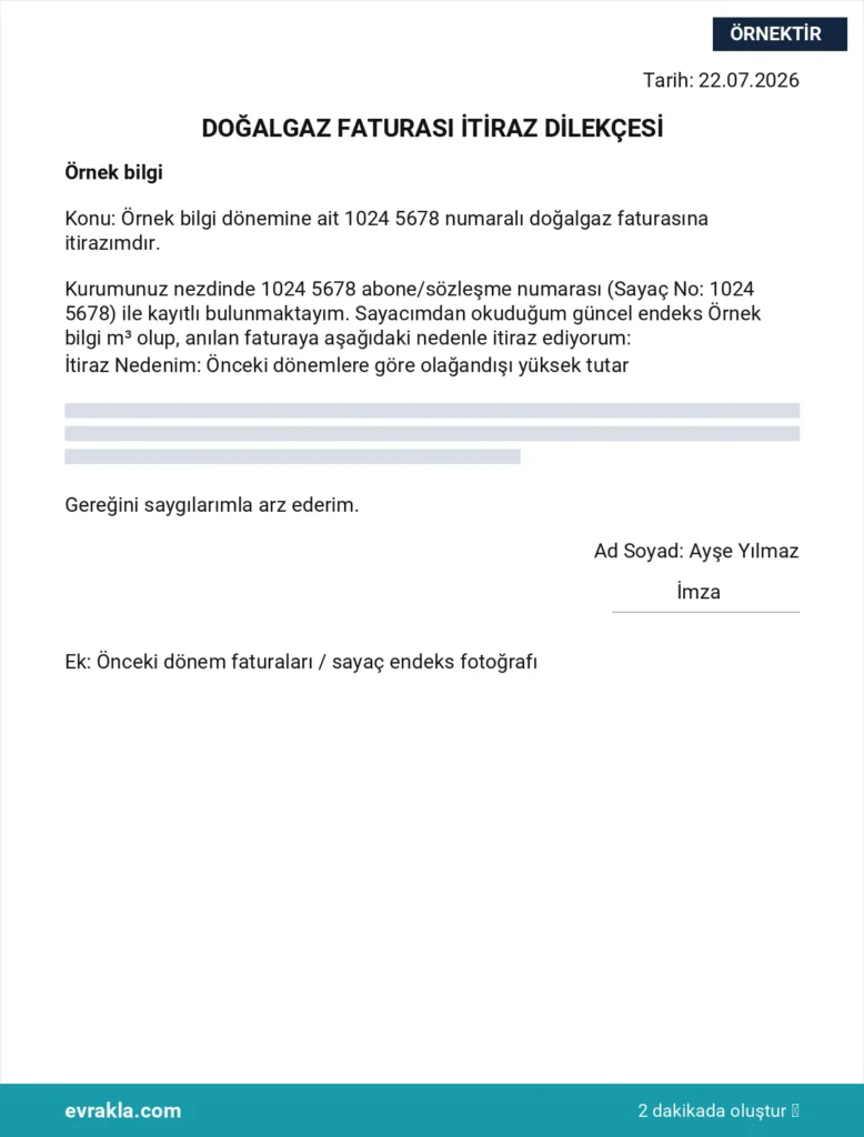Doğalgaz Faturası İtiraz Dilekçesi örneği