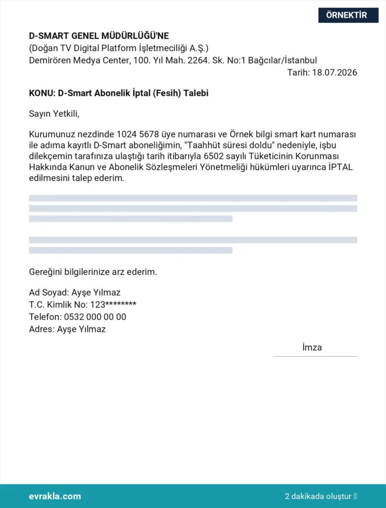D-Smart Abonelik İptal Formu örneği