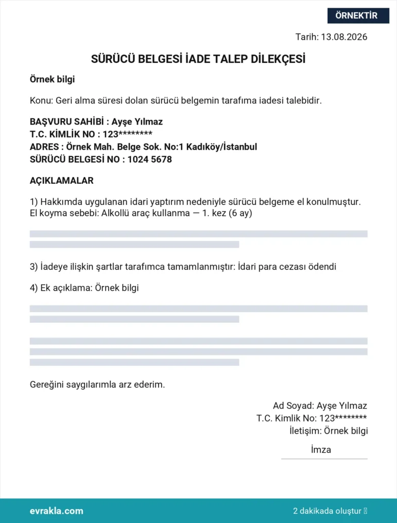Ehliyet İade Dilekçesi örneği