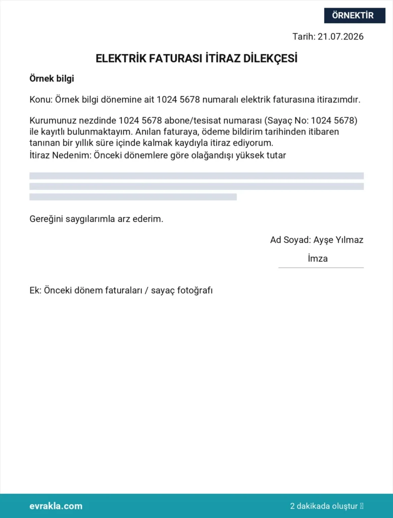 Elektrik Faturası İtiraz Dilekçesi örneği