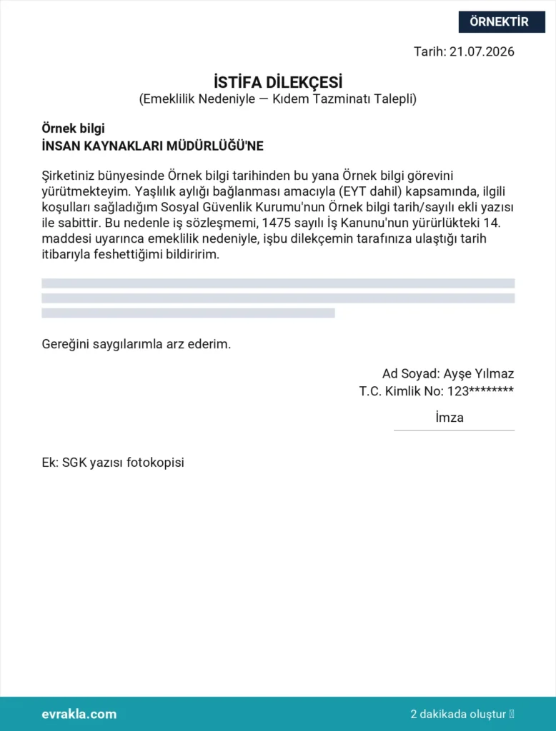 Emeklilik Nedeniyle İstifa Dilekçesi örneği