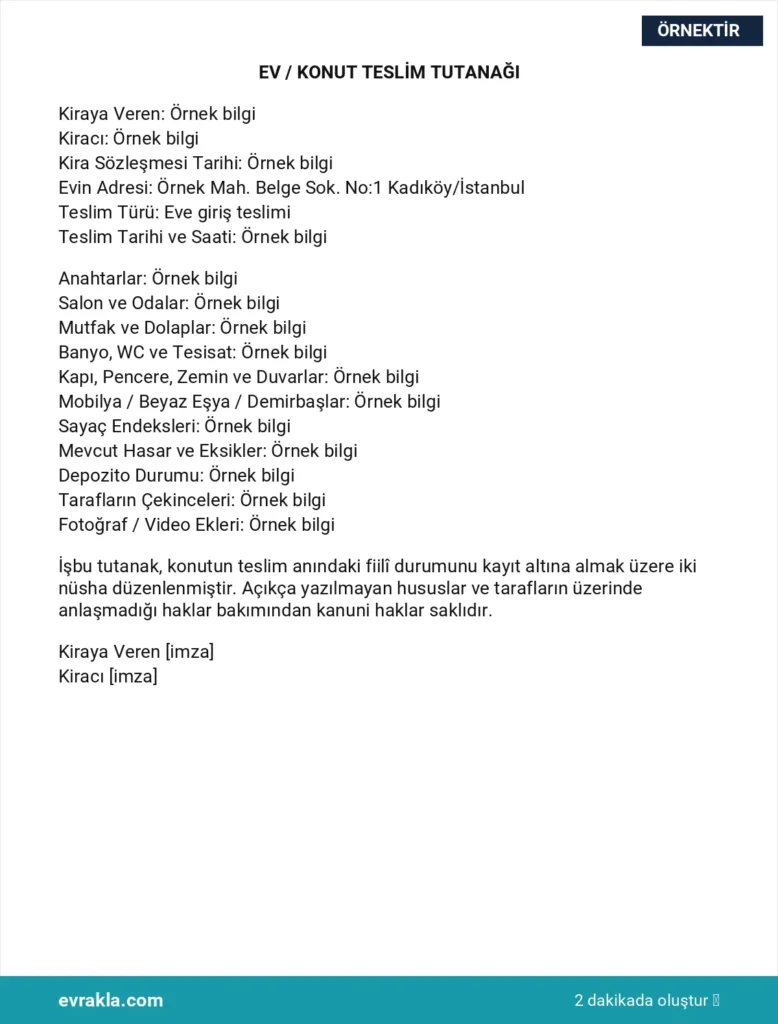 Ev Teslim Tutanağı Örneği örneği