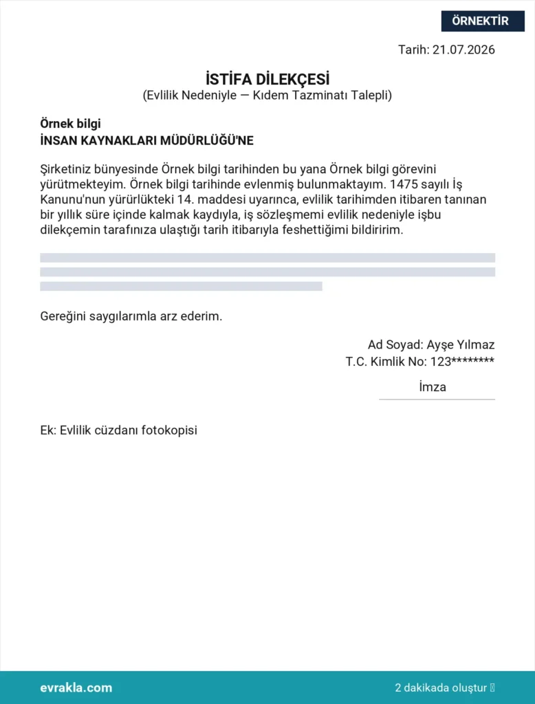 Evlilik Nedeniyle İstifa Dilekçesi örneği