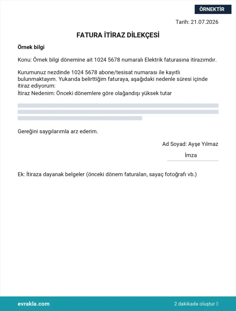 Fatura İtiraz Dilekçesi dilekçesi örneği