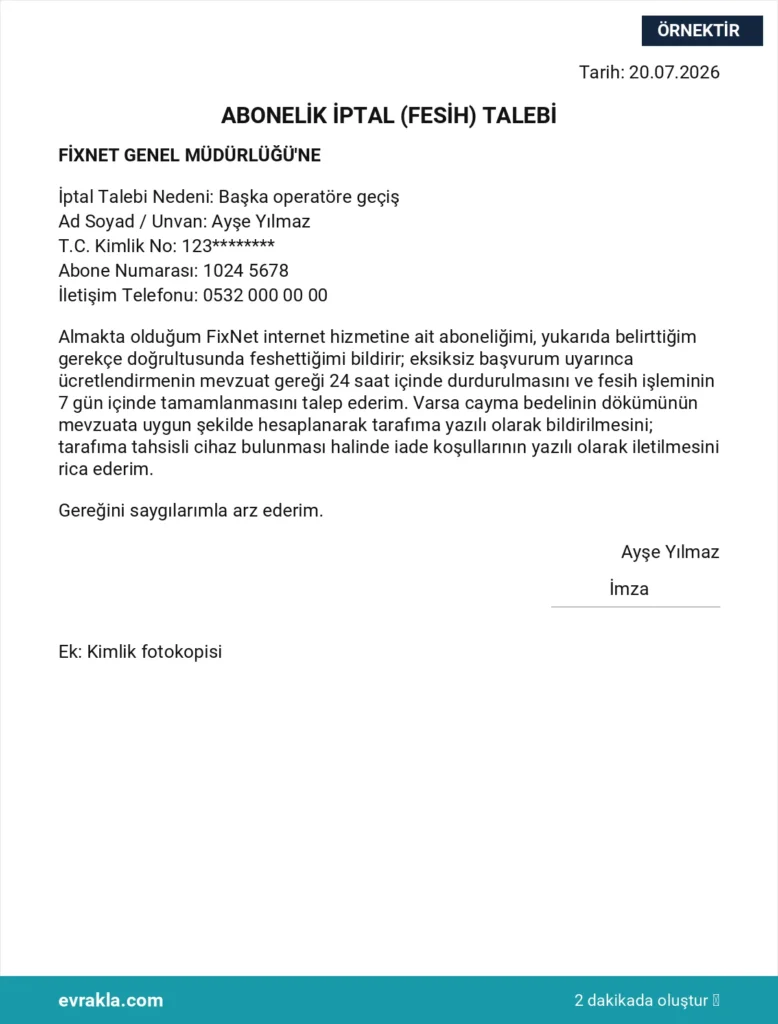 FixNet Abonelik İptali örneği
