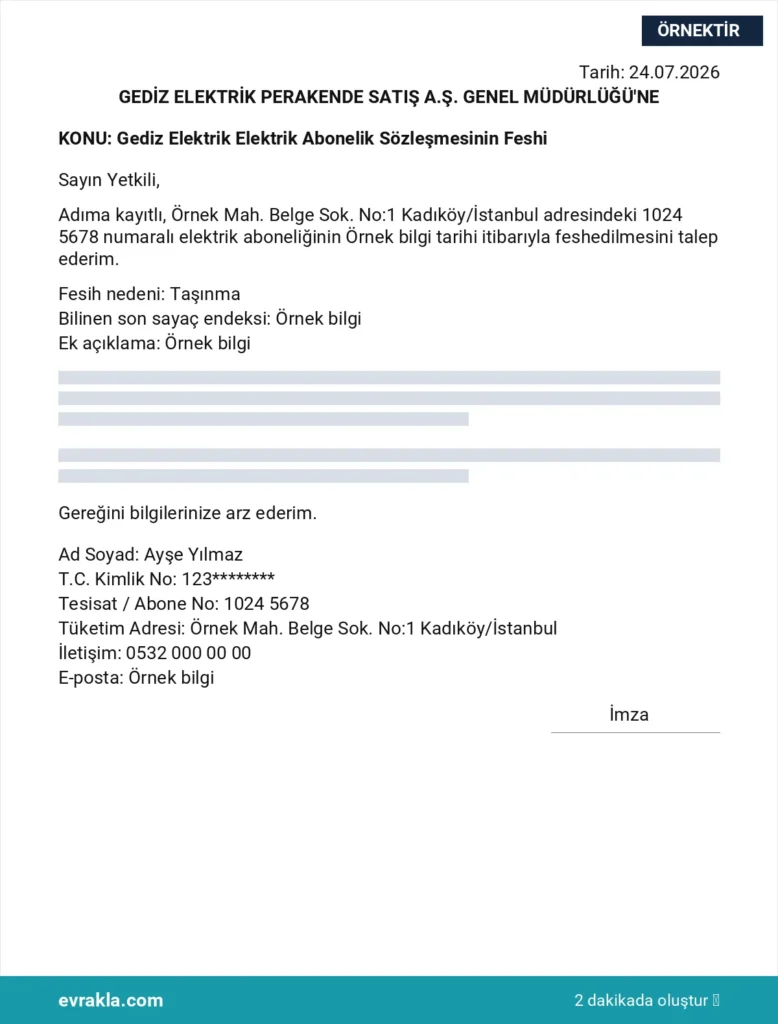 Gediz Elektrik Abonelik İptali örneği