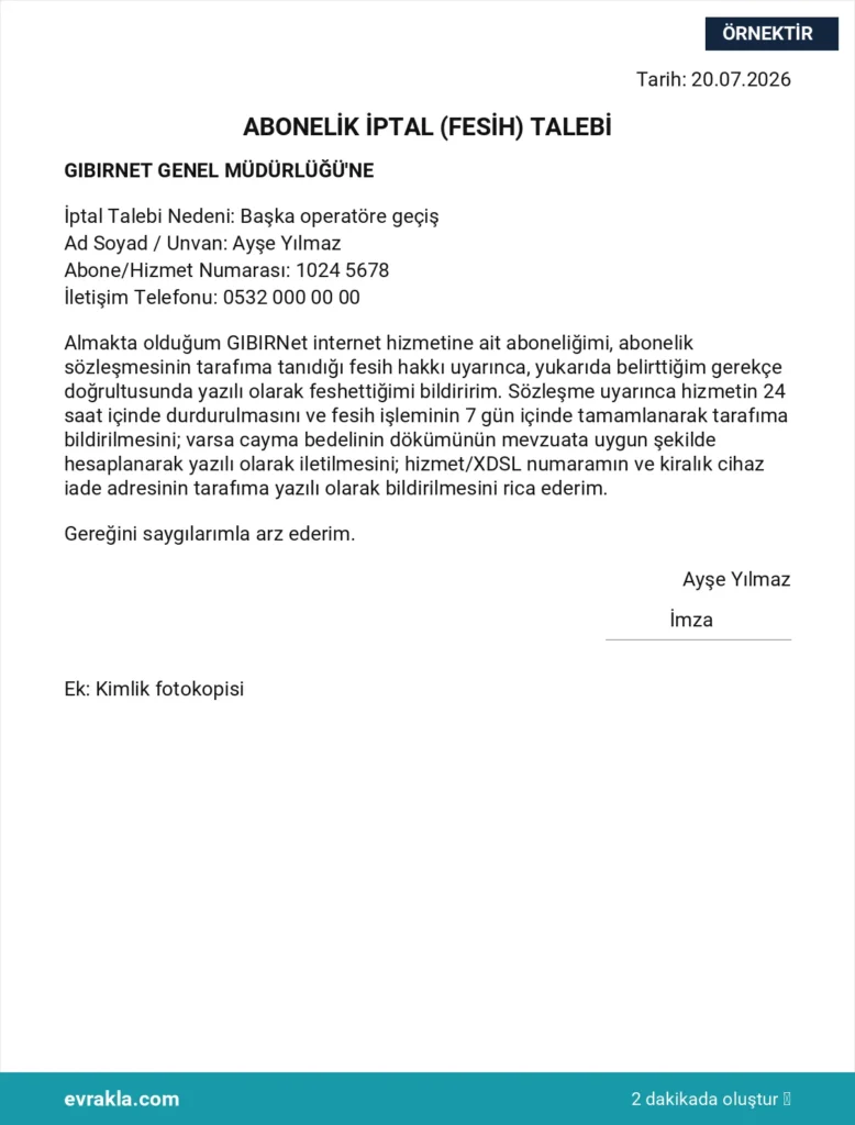 GibirNet Abonelik İptali örneği