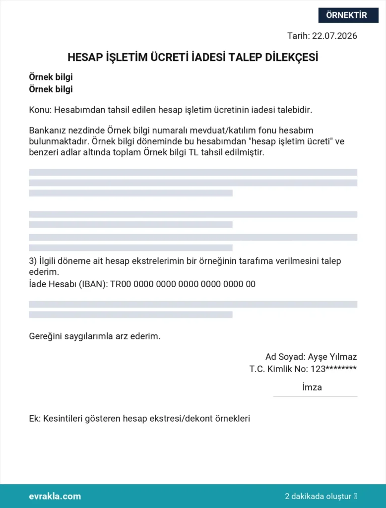 Hesap İşletim Ücreti İadesi Dilekçesi örneği