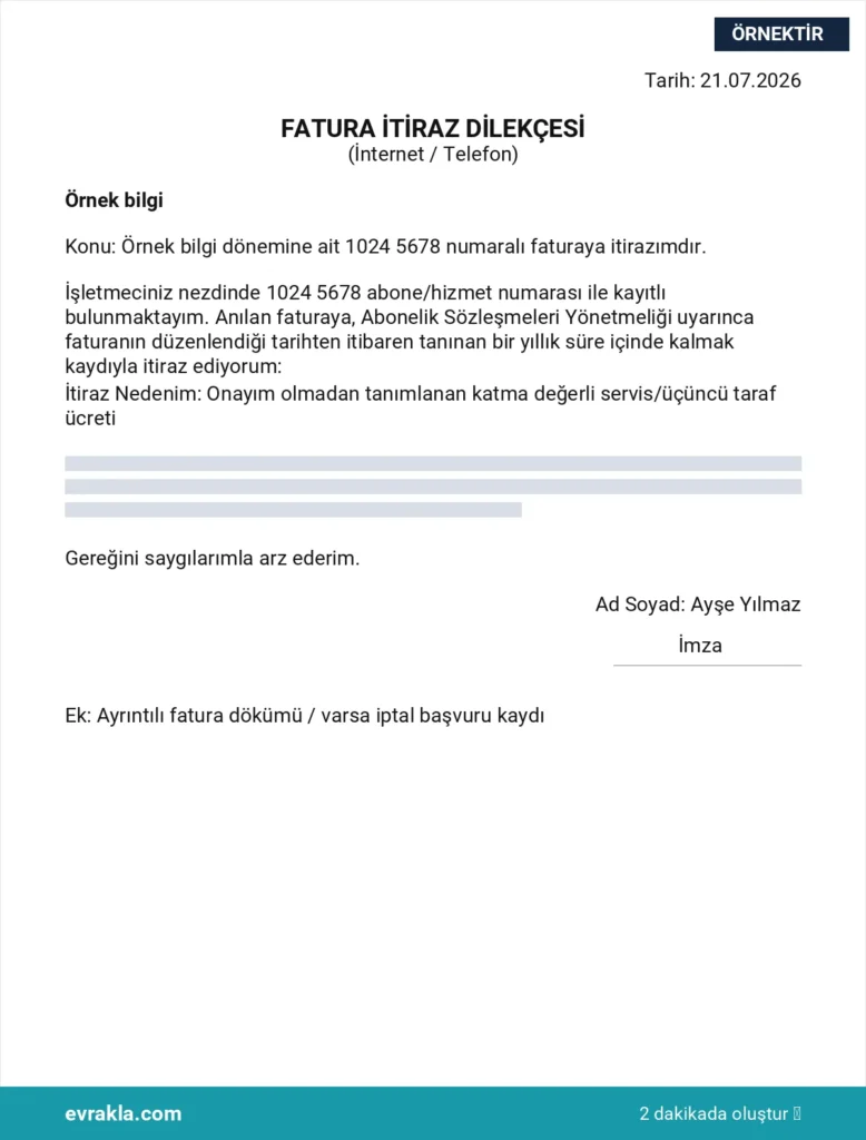 İnternet ve Telefon Faturası İtirazı örneği