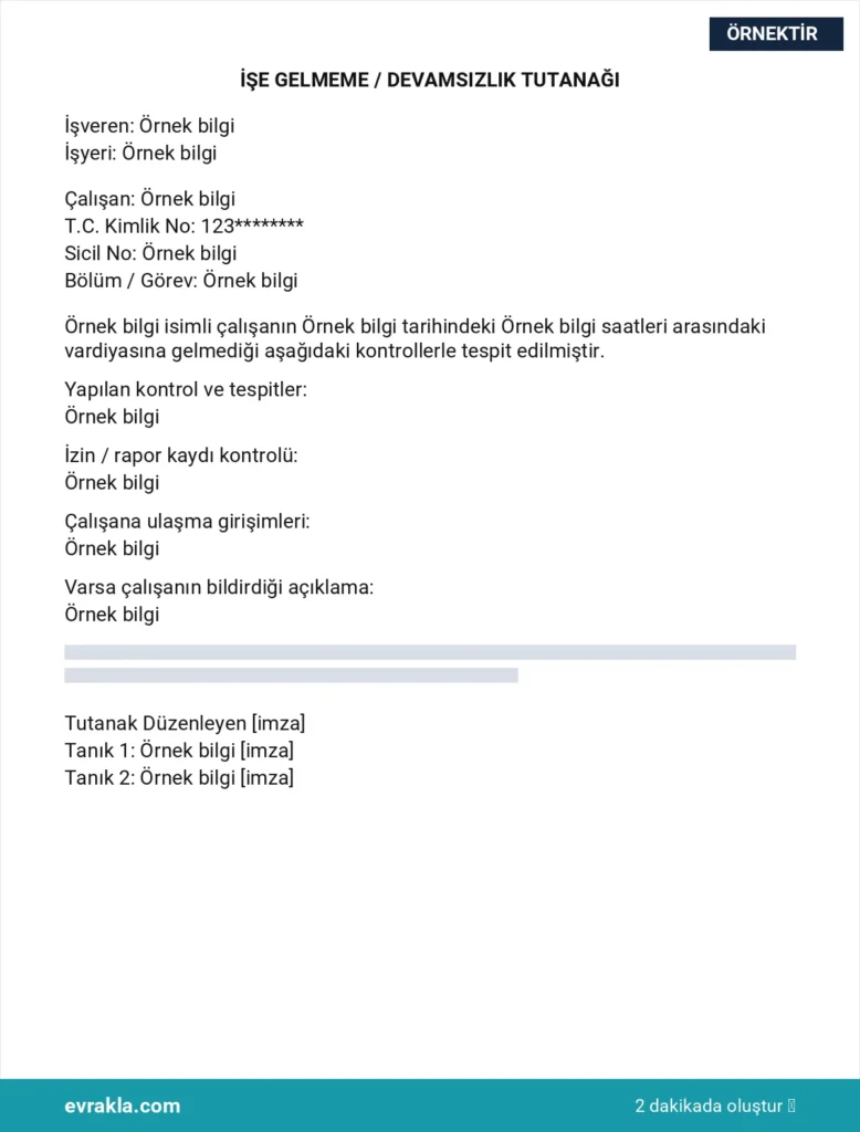 İşe Gelmeme ve Devamsızlık Tutanağı Örneği örneği