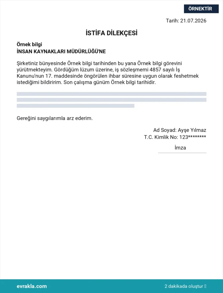 İstifa Dilekçesi dilekçesi örneği