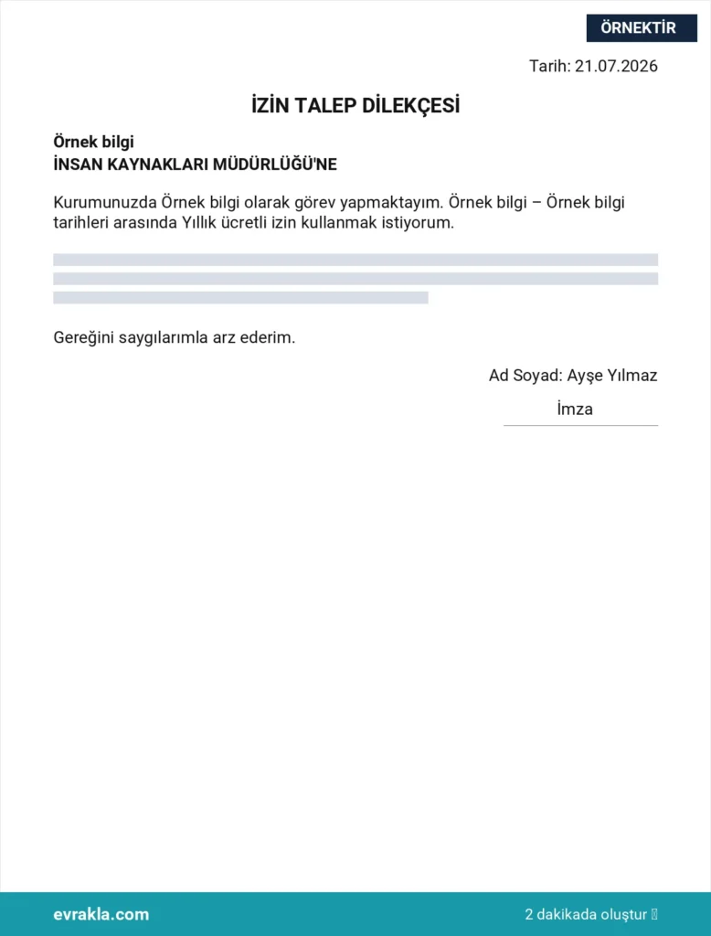 İzin Dilekçesi dilekçesi örneği