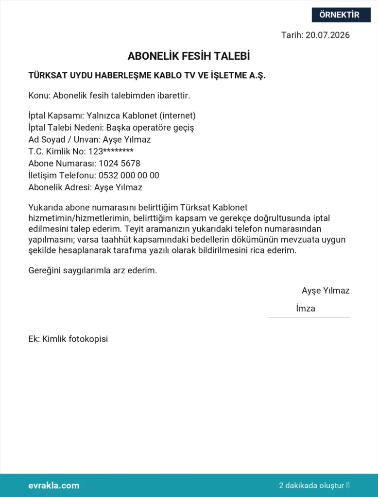 Kablonet Abonelik İptali örneği