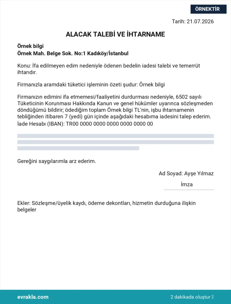 Kapanan Firmadan Para İadesi örneği