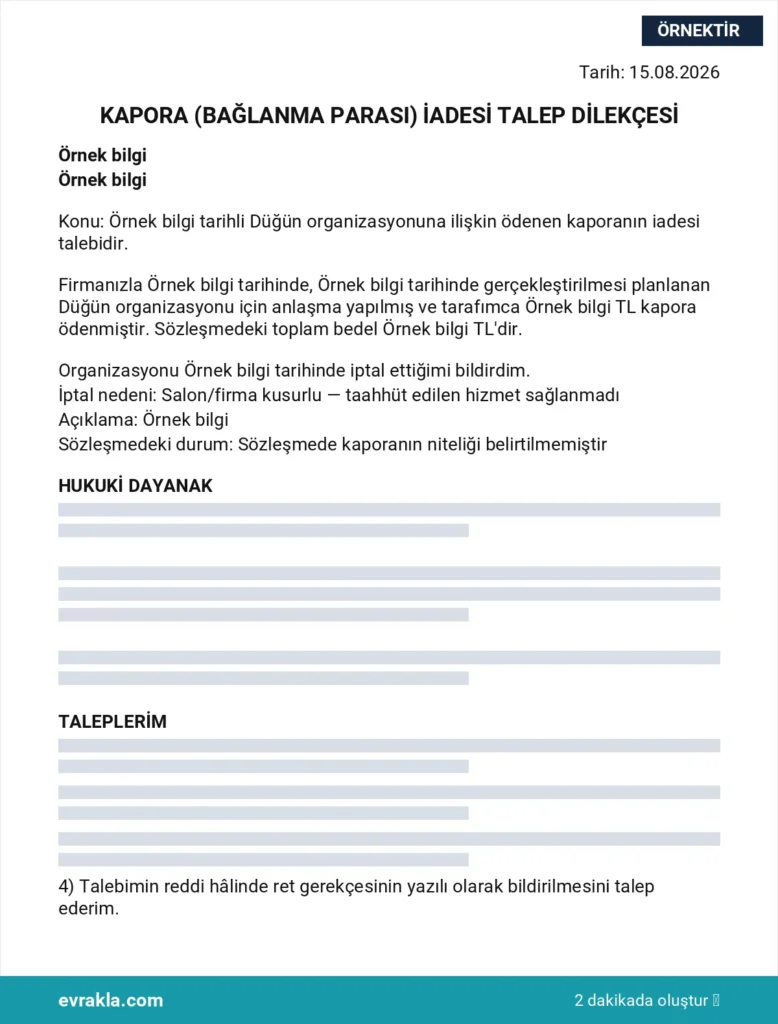 Kapora İadesi Dilekçesi örneği