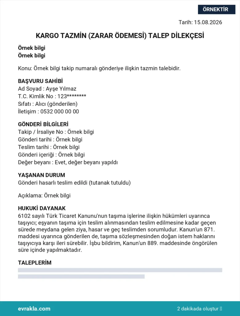 Kargo Tazminat Dilekçesi örneği