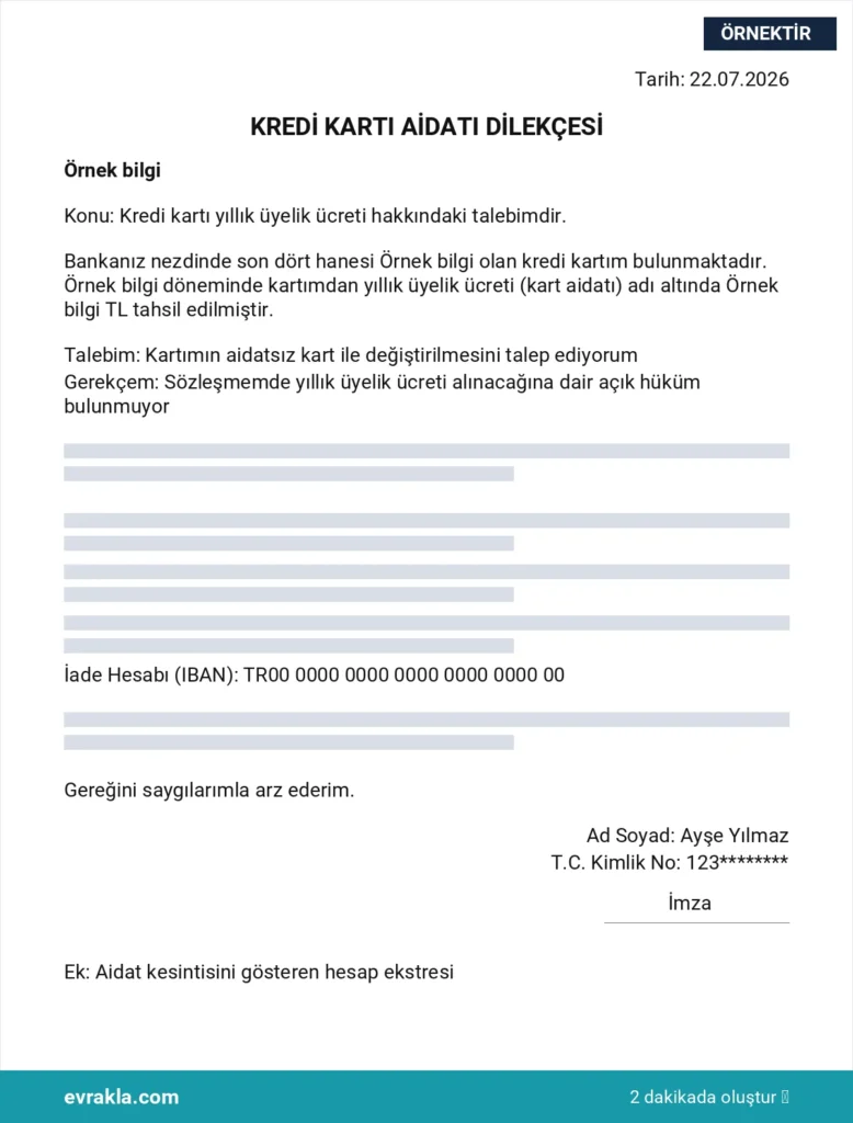 Kart Aidatı İadesi Dilekçesi örneği