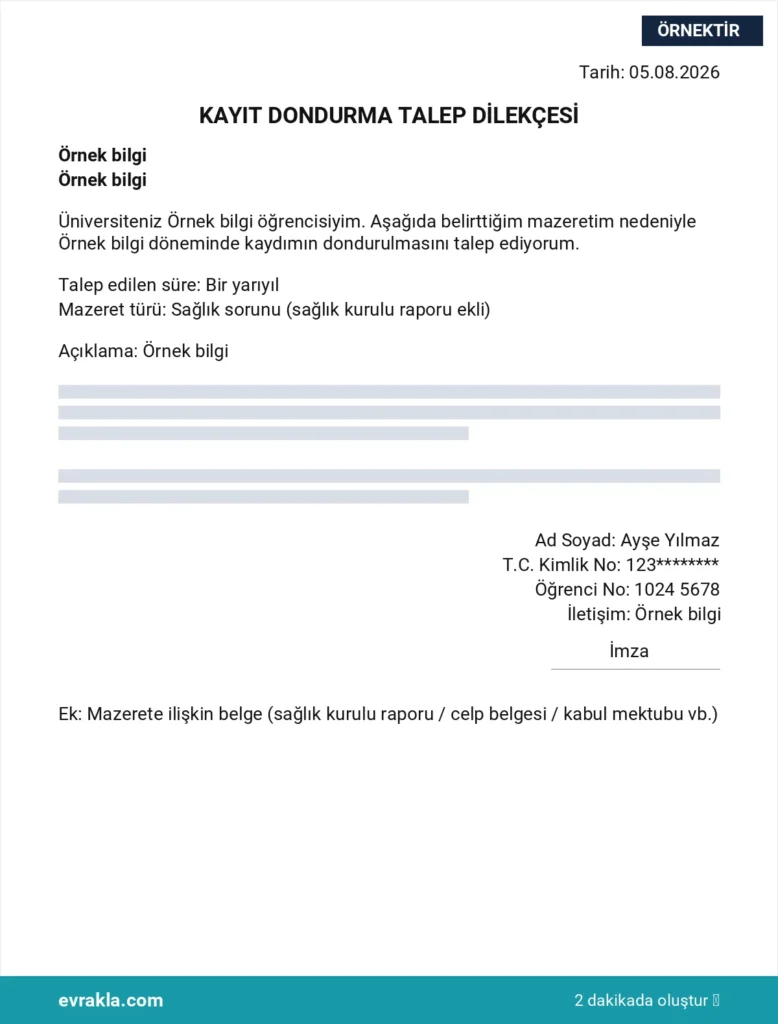 Kayıt Dondurma Dilekçesi örneği