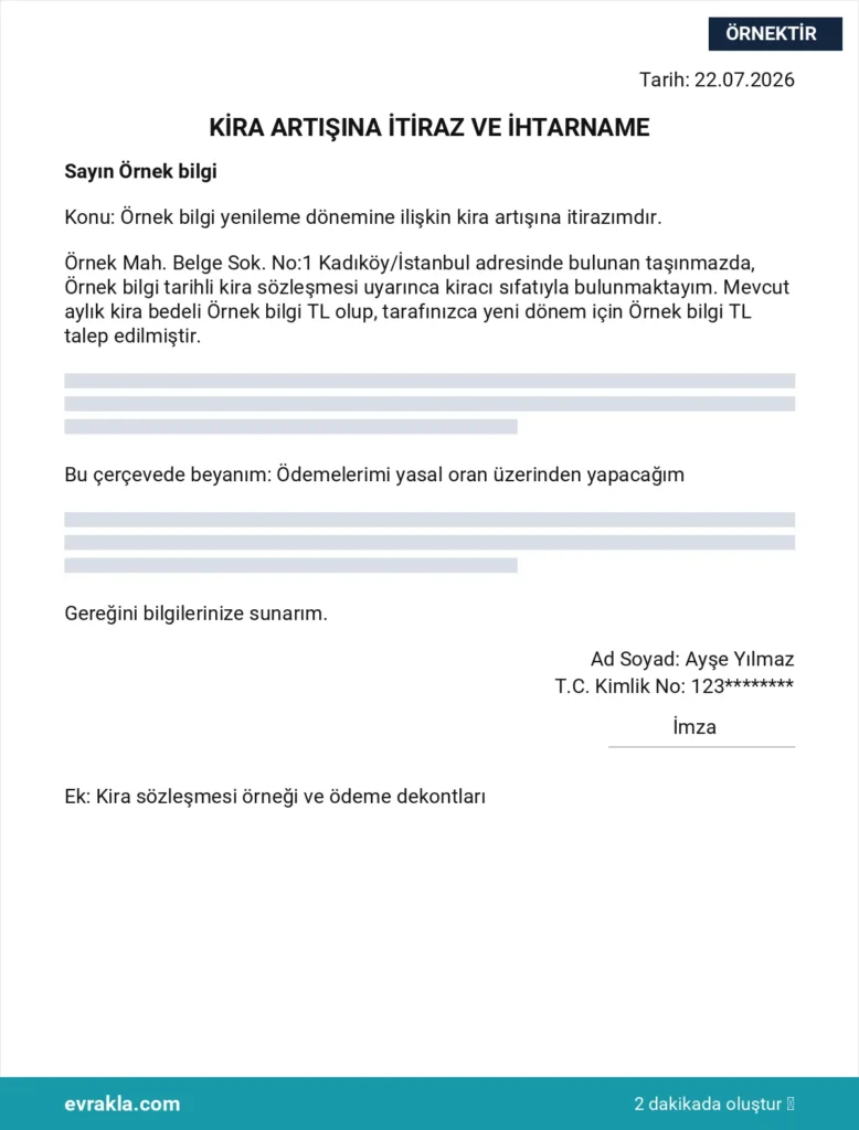 Kira Artışı İtiraz Dilekçesi örneği