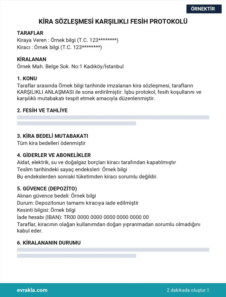 Kira Sözleşmesi Karşılıklı Fesih Protokolü örneği