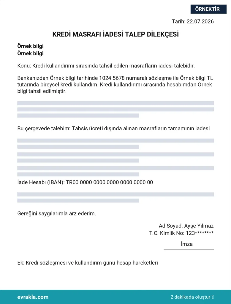 Kredi Masrafı İadesi Dilekçesi örneği