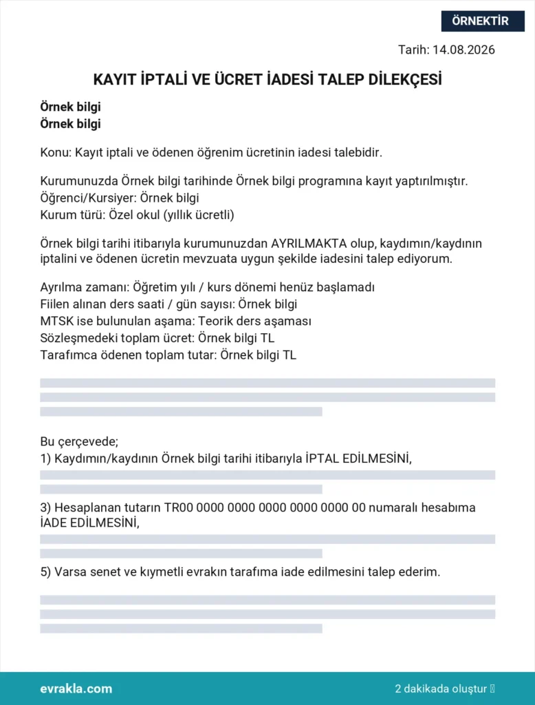 Kurs Ücreti İadesi Dilekçesi örneği