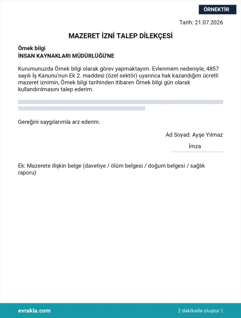 Mazeret İzni Dilekçesi örneği