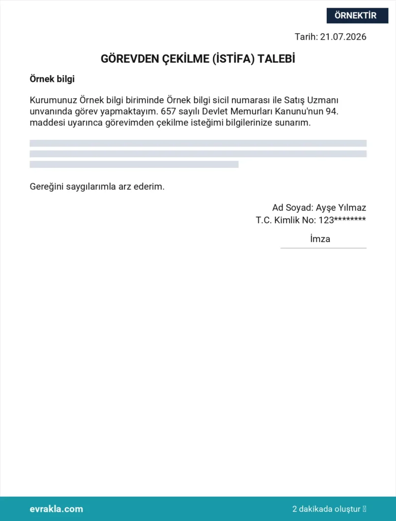 Memur İstifa Dilekçesi örneği