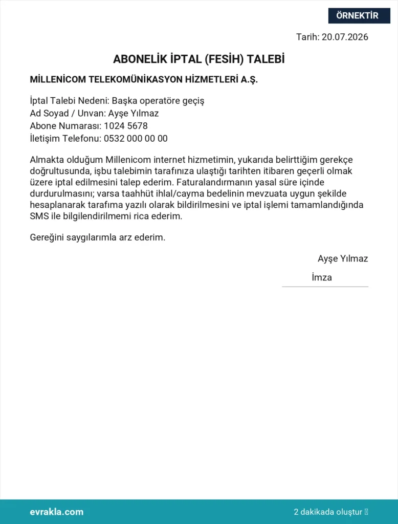 Millenicom Abonelik İptali örneği