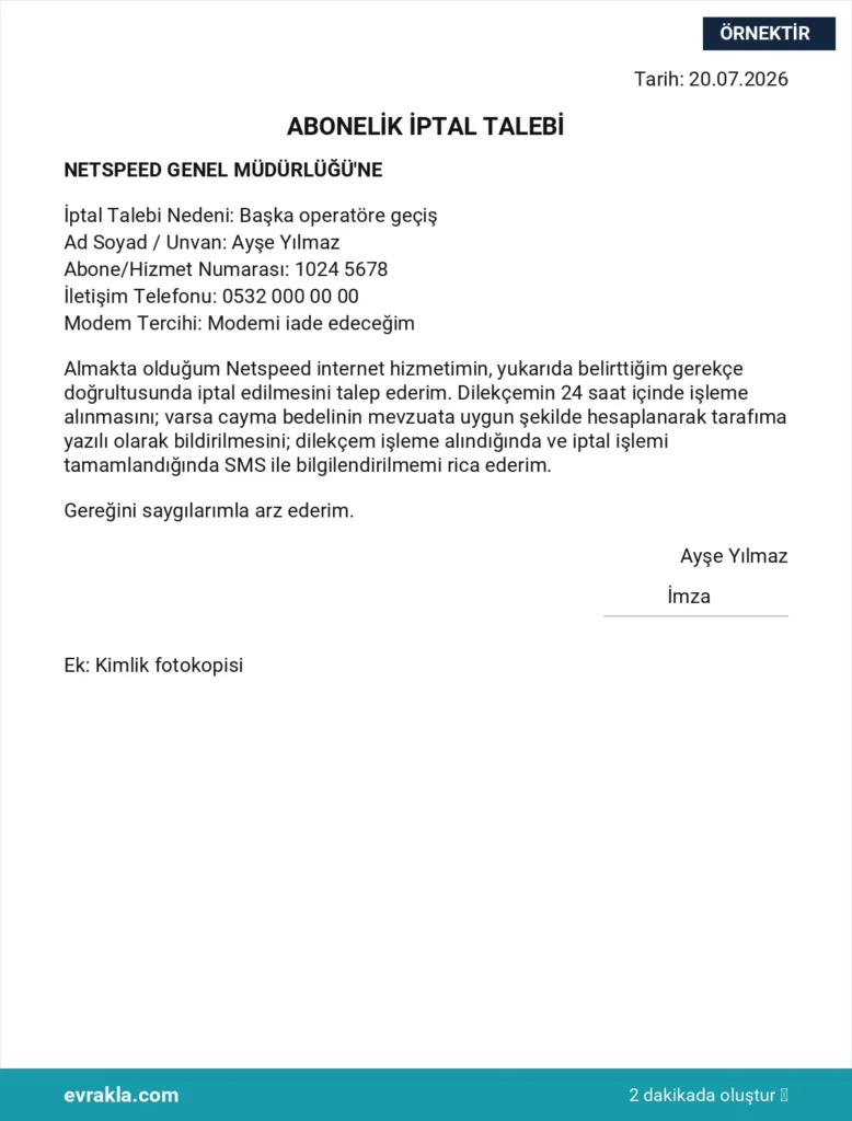 Netspeed Abonelik İptali örneği
