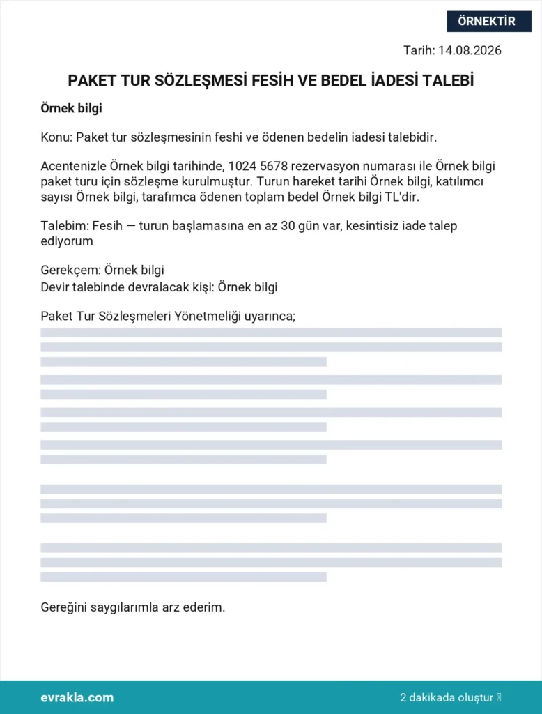 Paket Tur İptal Dilekçesi örneği