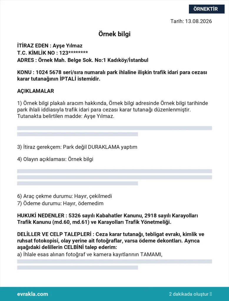 Park Cezası İtiraz Dilekçesi örneği