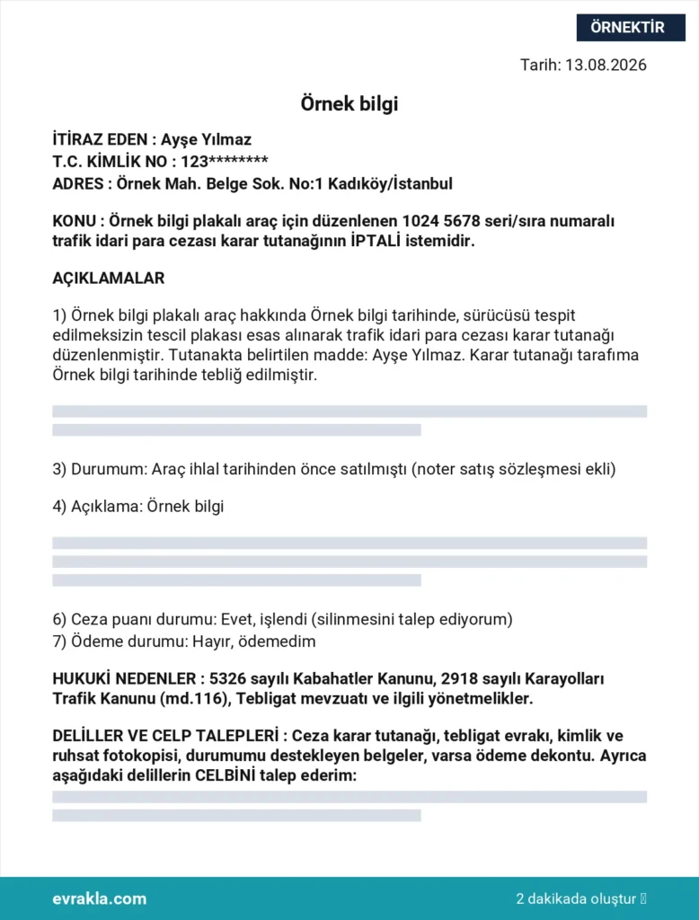 Plakaya Kesilen Ceza İtiraz Dilekçesi örneği