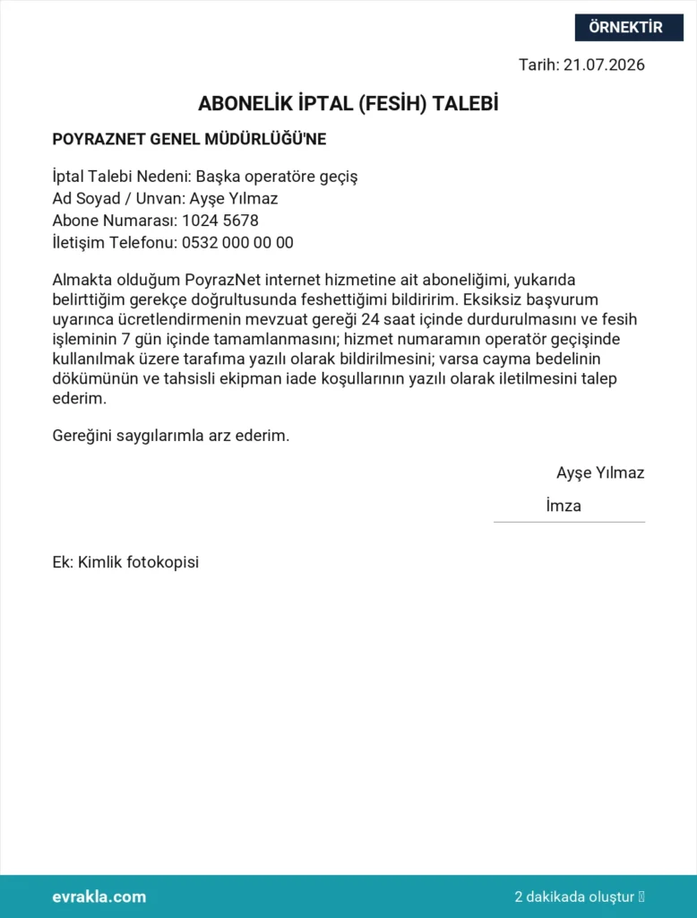 PoyrazNet Abonelik İptali örneği