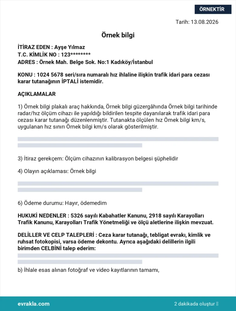 Radar Cezası İtiraz Dilekçesi örneği