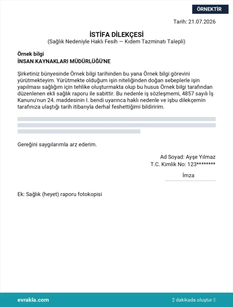 Sağlık Nedeniyle İstifa Dilekçesi örneği